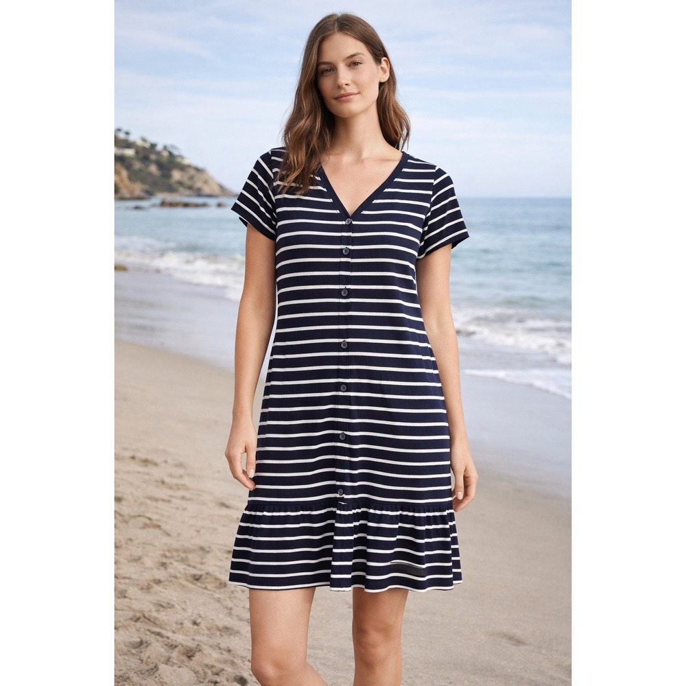 J Jill Navy White Stripe Button Front Knit Dress Petite Small Casual